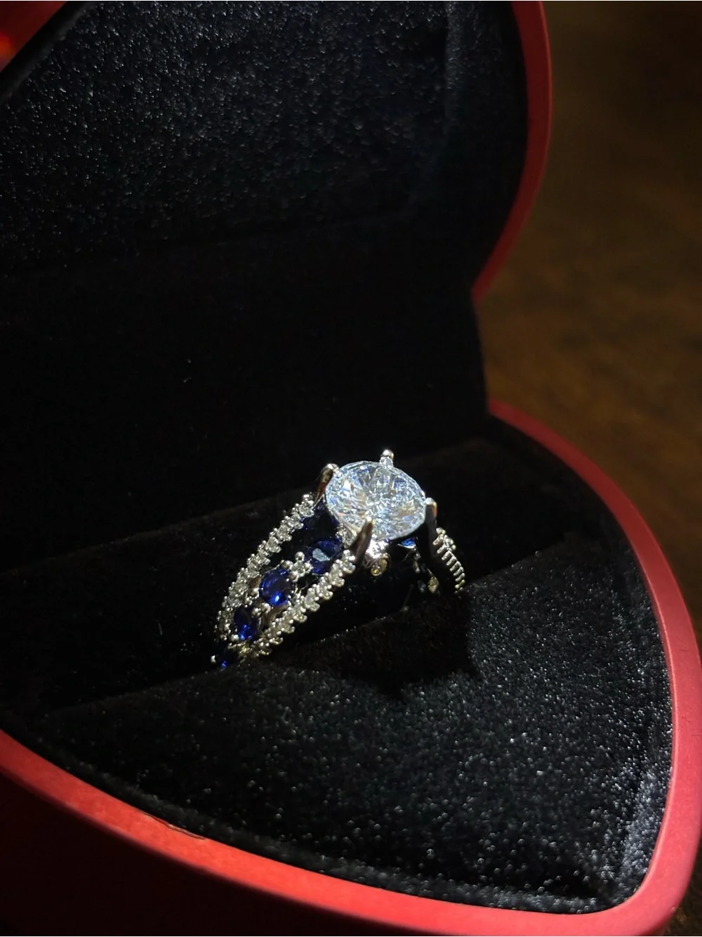 Elegant Blue Sapphire and White Crystal Women’s Ring